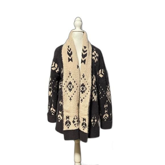 Knox Rose Sherpa Aztec Cardigan Sweater Jacket Beige Black XL Cozy - Picture 2 of 8
